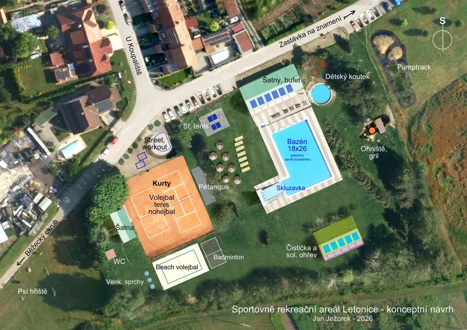 Konceptní návrh sportovně rekreačního areálu Letonice s bazénem, kurty a zázemím