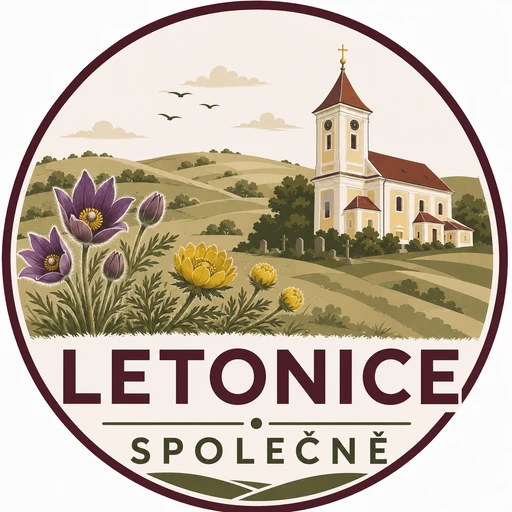 Logo LETONICE SPOLEČNĚ – kostel, koniklece a hlaváčky